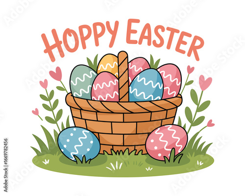 Woven basket overflowing with colorful decorated Easter eggs and flowers
