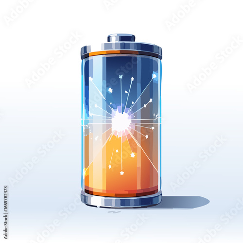 Transparent Glass Battery with Glowing Energy Burst