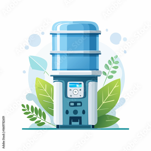 Modern Water Cooler with Blue and White Design Surrounded by Green Leaves