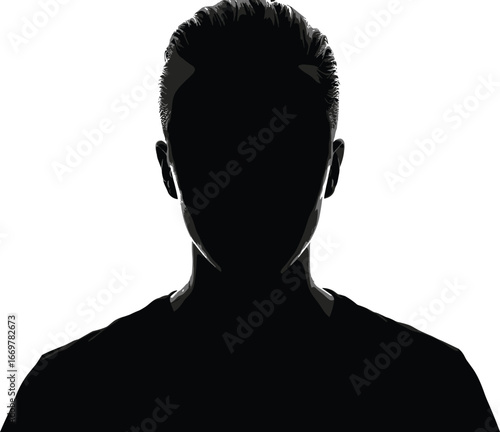 Human head and shoulders silhouette with short slicked‑back hair, front view, vector illustration for profile, anonymity, and design use