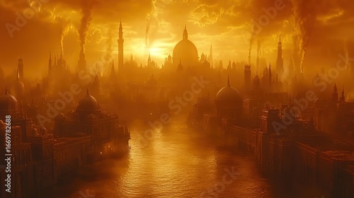 Wallpaper Mural Fantasy Cityscape at Golden Hour with Domes and Spires along River Torontodigital.ca