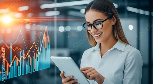 Young professional woman analyzing stock market data with tablet