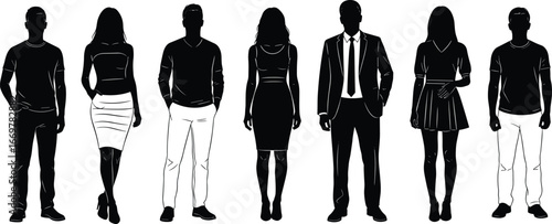 Seven people silhouette collection with casual and formal outfits, diverse stances and poses, vector illustration on white background for design use