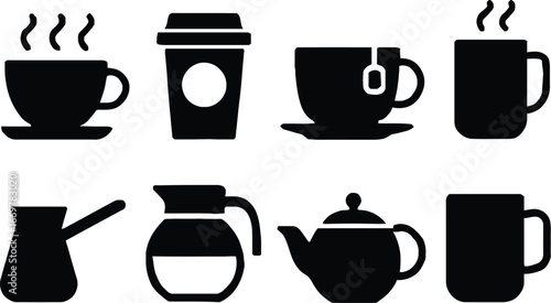 Eight Black Silhouette Icons Depicting Coffee and Tea Vessels Including Steaming Cup, Takeaway Coffee Cup, Teacup with Tag, Mug, Turkish Cezve, Glass Coffee Pot, Teapot, and Plain Mug in Minimalist 