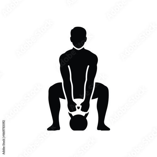 Illustration of silhouette of a person performing a kettlebell squat, isolated on white background
