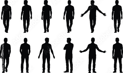 Twelve human silhouette poses including standing, walking, and gesturing, vector illustration showing diverse postures and stances on white background