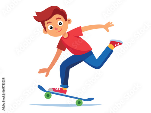 A young boy is skateboarding and having fun