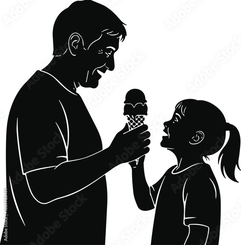 Parent and child silhouette, ice cream moment, bonding, black and white, vector, family love, sharing, happy, minimal, flat, abstract, emotional, caring, childhood, parenting, outline, graphic, gestur