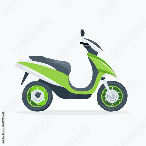 A detailed illustration of a modern electric scooter, featuring a vibrant green color scheme.