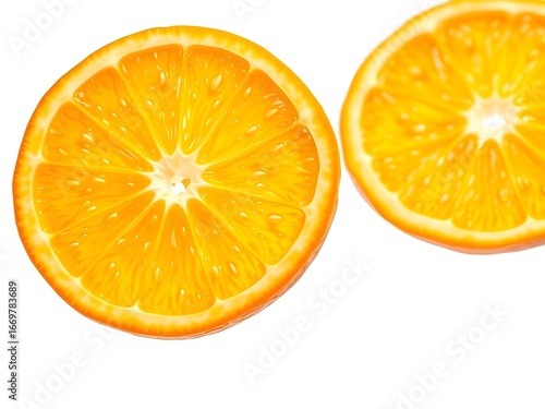 A detailed close-up of two fresh, vibrant orange slices on a clean white background. This image highlights the juicy texture and bright color, perfect for food, nutrition, and health-related themes.