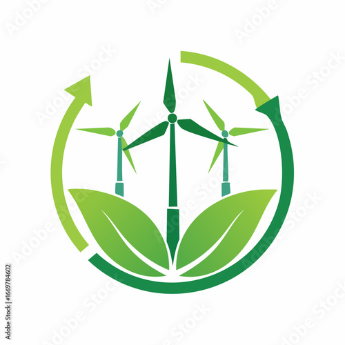 Green energy symbol with wind turbines and leaves representing sustainability and renewable power