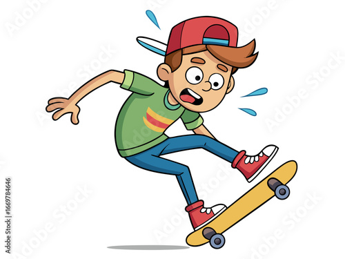 Cartoon boy with red cap is skateboarding and