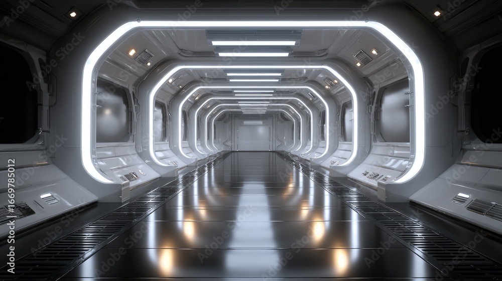 Fototapeta premium Futuristic Sci-Fi Corridor with Bright LED Lighting and Sleek Metallic Floor in a Space Station Environment