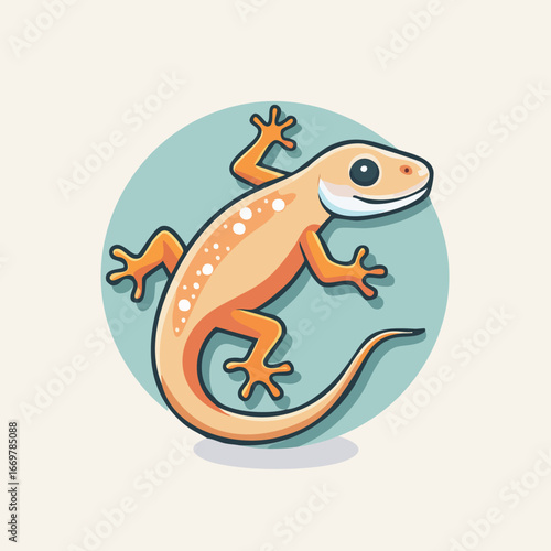 Cute cartoon gecko lizard with orange skin and white spots climbing on a light blue circle