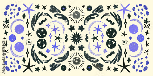 Celestial pattern with moons stars and suns in muted blue and grey tones vector illustration