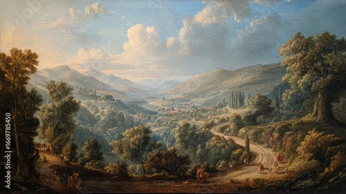 An opulent impasto oil painting in the baroque style of Dutch Golden Age still life, featuring a majestic a serene landscape with a winding road disappearing into misty mountains.
