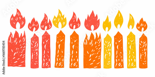 Collection of colorful hand drawn candle flames and candle bases on white background