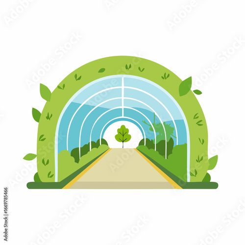 Green archway tunnel with glass roof and a path