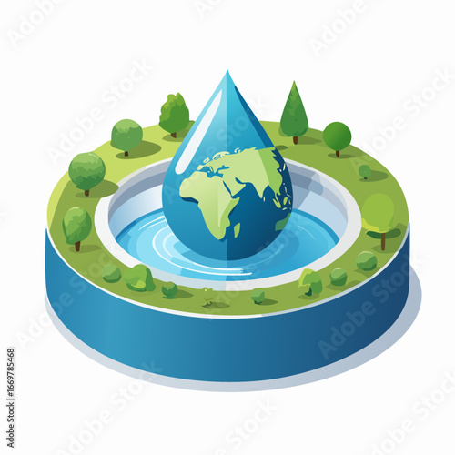 Global water conservation concept with Earth map on a droplet in a green landscape