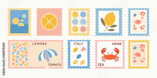 Collection of ten colorful postage stamps with summer vacation themes travel