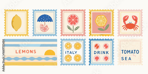 Eight postage stamps with summer vacation and food themes in a retro style collection
