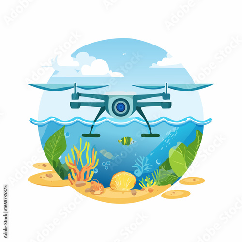 Drone flying over underwater scene with coral and fish
