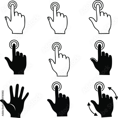 create need kinds of different Monochrome illustrations of gestures to control electronic devices with touchscreen on white background.