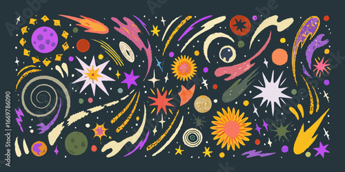 Whimsical Cosmic Elements Collection with Planets Stars and Comets space galaxy