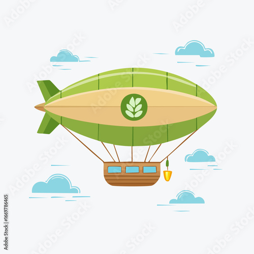 Eco friendly green airship zeppelin flying in the sky with leaf logo