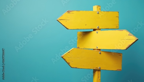 Yellow wooden signpost with three blank arrow signs pointing in different directions against solid blue background. Illustration represents choices, travel, decision-making opportunities. Use for