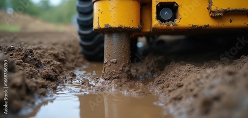 Horizontal directional drilling machine operates in mud, installing pipes underground. Trenchless technology enables efficient utility, infrastructure development for construction, engineering