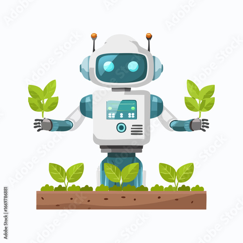 Friendly Robot Tending to Plants in a Garden