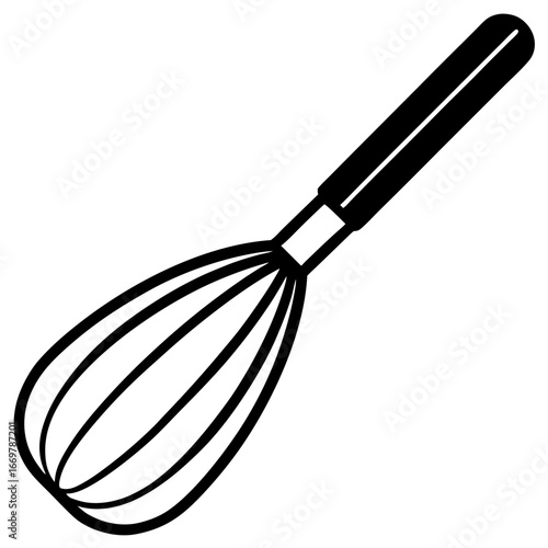 A metal kitchen whisk with a plastic handle is isolated on a clean white background