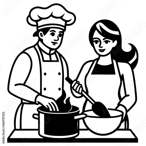 A skilled young chef is busy cooking in a modern kitchen