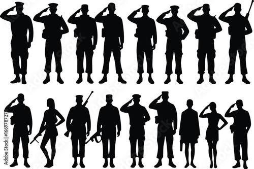 Silhouette of military soldiers, armed forces men and women, standing in salute position, army teamwork, respect, honor, duty, patriotism