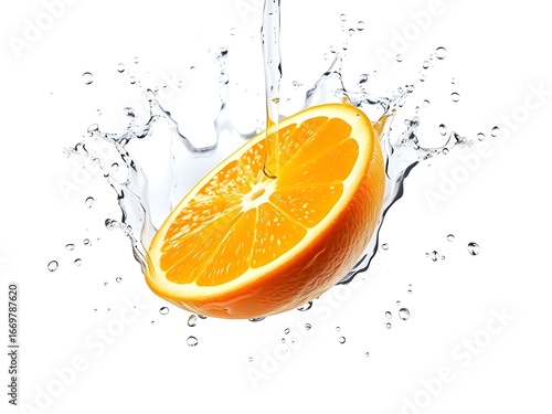 A dynamic shot of a fresh orange half splashing into clear water, with droplets and motion captured perfectly. A bold, refreshing visual for healthy drinks, vitamins, and summer themes.