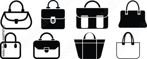 Handbag silhouette collection, black and white fashion icons, stylish purse shapes, trendy accessories, elegant bag designs, minimalist vector illustration