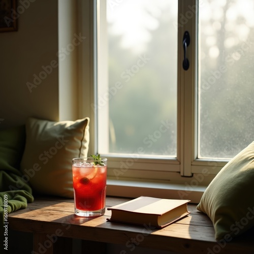 Chilled sangria glass placed beside weathered book on window bench, soft morning fog outside, moody natural interior lighting.