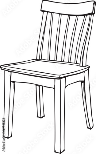 Vector line drawing of classic wooden chair with slatted backrest and flat seat, furniture design, black and white illustration