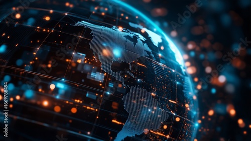 Colorful digital globe with data visualization representing connectivity and technology across the Americas