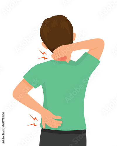 Man suffering from neck and back pain, back view