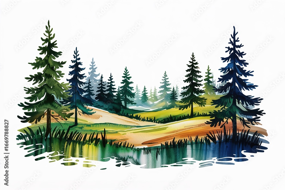 Obraz premium Watercolor Landscape Painting Majestic Evergreens and Serene River Scene