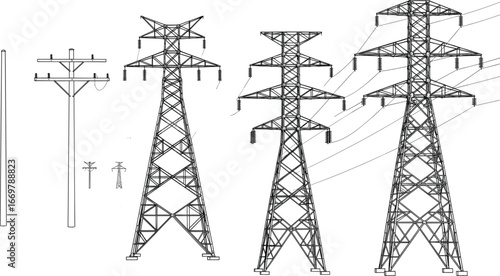 High voltage power transmission towers, electricity pylons, utility poles silhouette, electrical energy distribution lines, infrastructure design, industrial utility, vector illustration