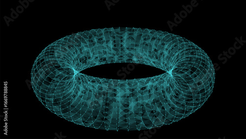 Sci-fi blue torus with particles and lines. Concept network connection. Vector frame torus. Abstract technology background.