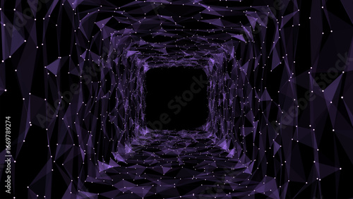 Abstract sci-fi purple tunnel. Wormhole absorbs cyberspace. 3D portal. Vector futuristic fantasy high-tech funnel.