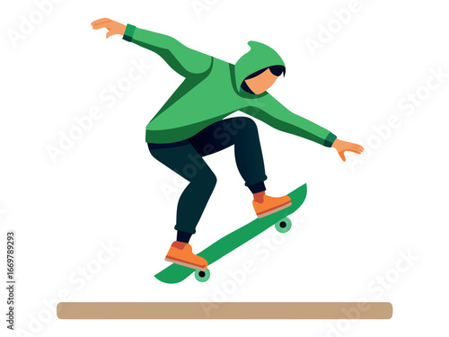 Skateboarder performing a trick, jumping over a bar