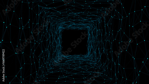 Abstract sci-fi blue tunnel. Wormhole absorbs cyberspace. 3D portal. Vector futuristic fantasy high-tech funnel.