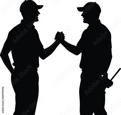 Silhouette, handshake, teamwork, unity, agreement, friendship, people, cap, stick, gesture, respect, outdoor, black, illustration, connection, camaraderie, mutual, support, interaction, partnership