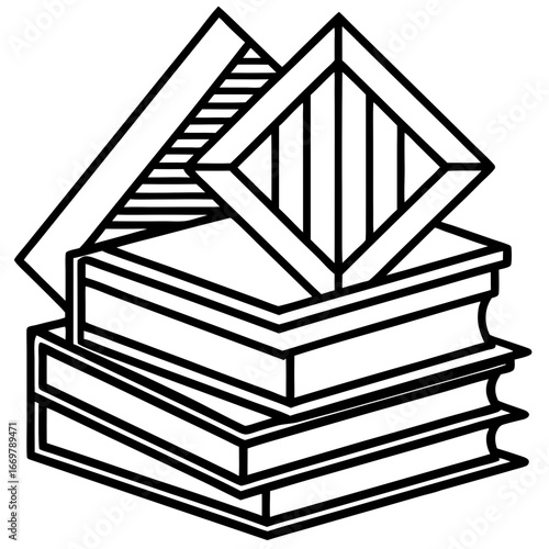 A towering stack of colorful literature books on a clean white background