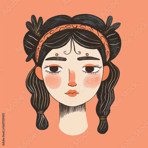 Traditional Asian Woman Face Portrait | Gentle Female Character Vector Art